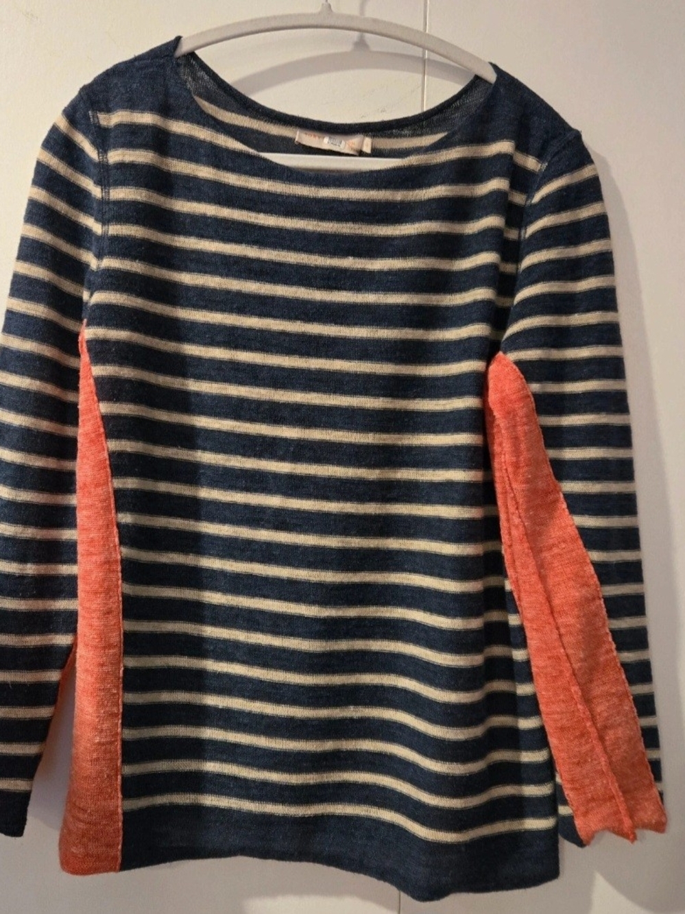 Tory Burch,Striped Navy and Cream Kids Sweater with Coral Panels
